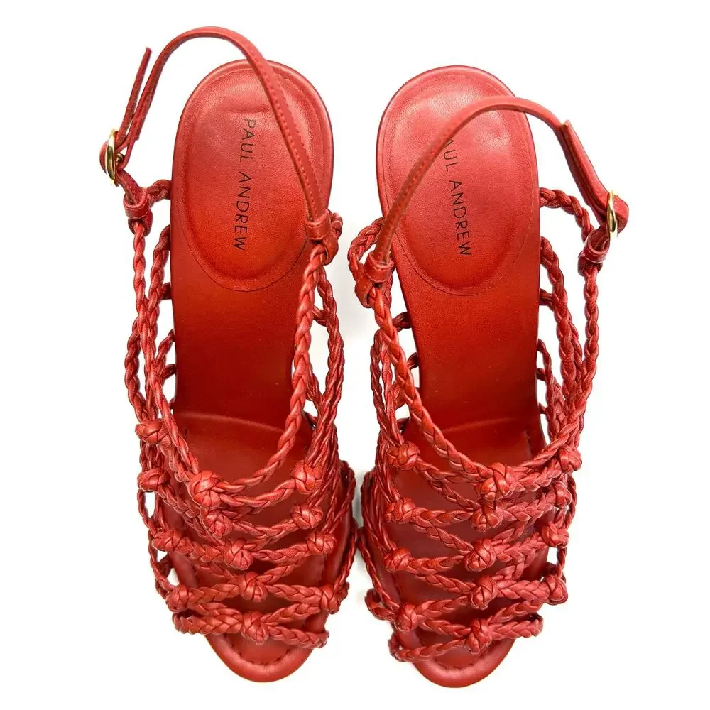 PAUL ANDREW Who's That Braided Sandals EU 38 US 8 Women's Red High Heels NWT